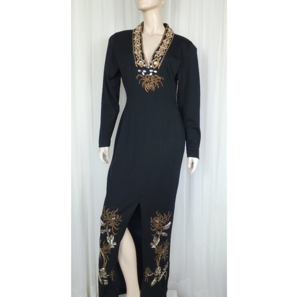 Vtg 80s black beaded wool wiggle cocktail dress evening gown M